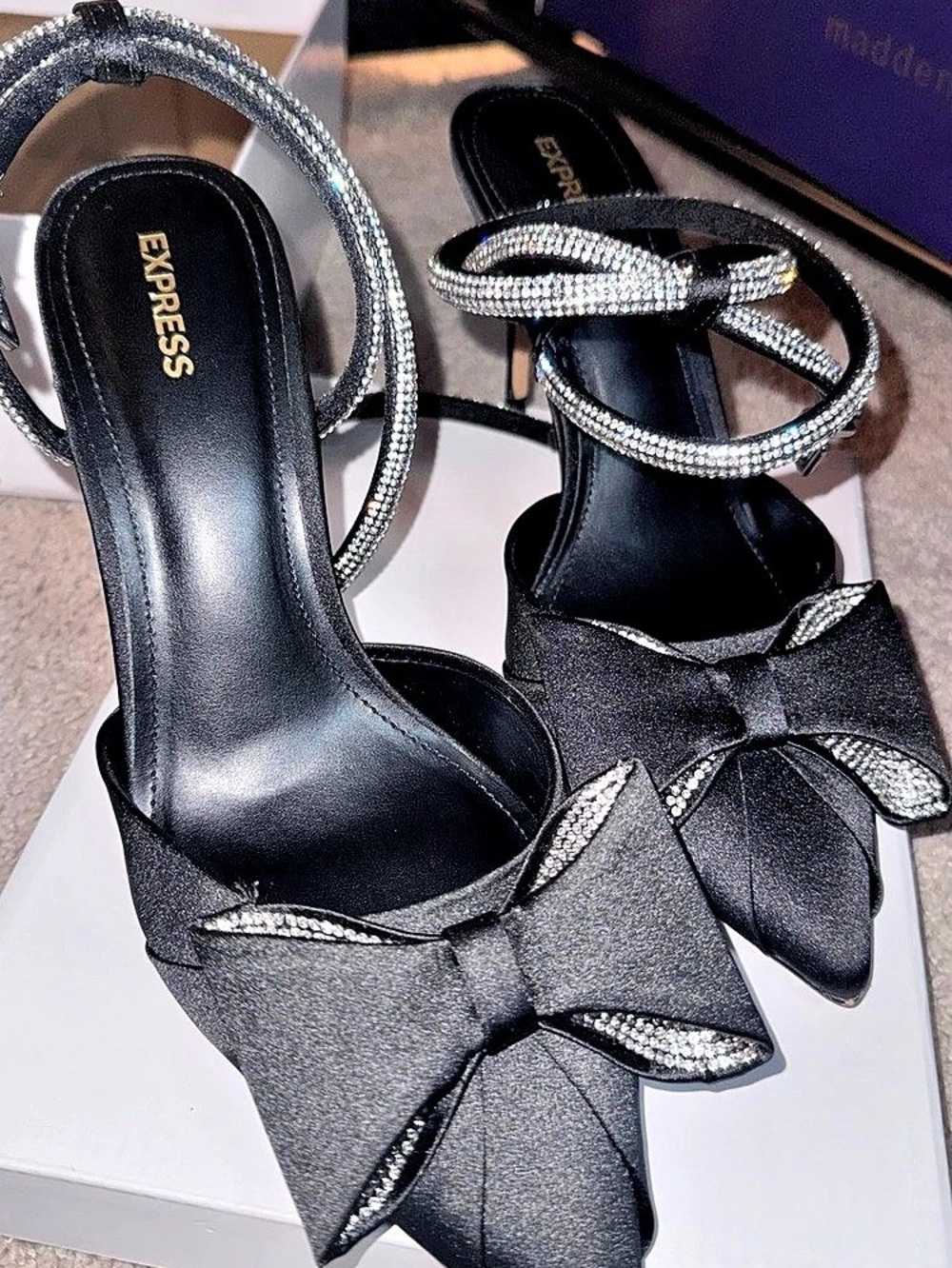 Express Rhinestone Bow Embellished Strap Pumps Black